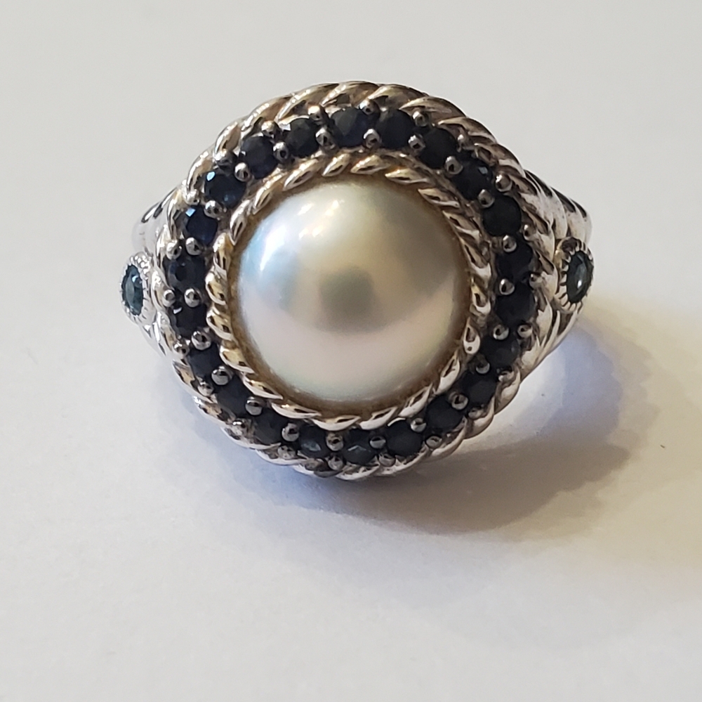 Judith Ripka Silver Ring with White Pearl and Blue Corundum, Size 6